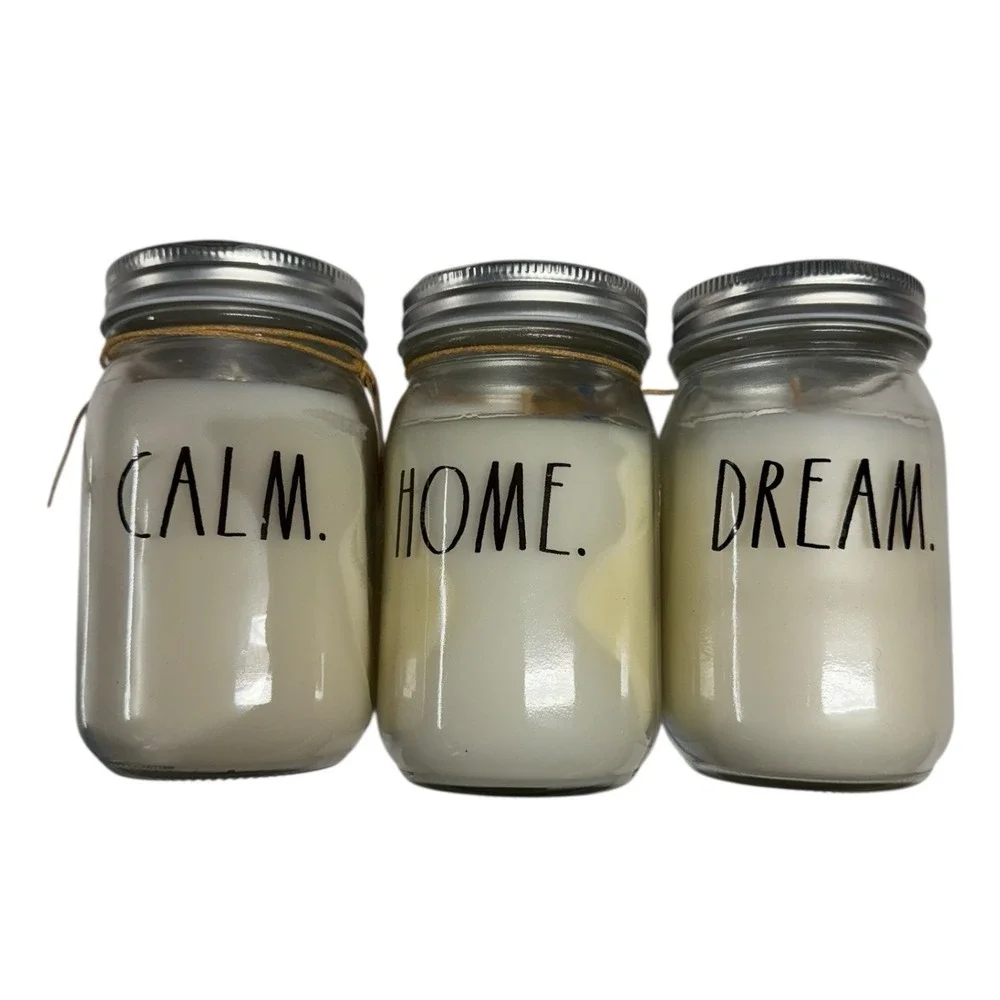 Rae Dunn 3 CALM HOME DREAM Rain‎ Gardenia10oz Scented Jar Candles WP72Q